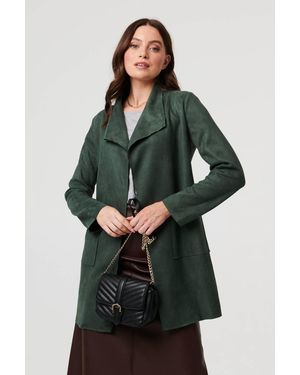 Izabel London Faux Suede Collared Open Front Jacket - Green