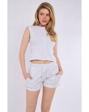 Stylewise Ribbed Button-Through Sleeveless Top & Shorts Co-Ord Set - White