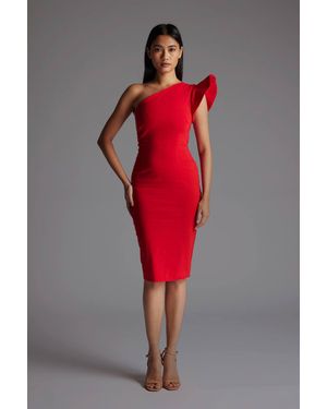 Vesper One Shoulder Bodycon Midi Dress With Frill - Red