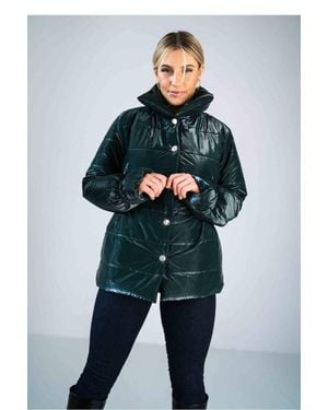 Love Lace Shiny Quilted High Collar Hip Jacket - Blue
