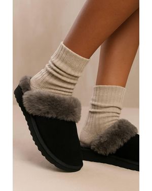 Spot on Premium Shearling-Lined Suede Slip On Slippers With Cushioned Sole - Brown