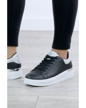 AJVANI Low Wedge Heel Crystal Flat Chunky Sole Lace Up Glitter Trainers - Blue