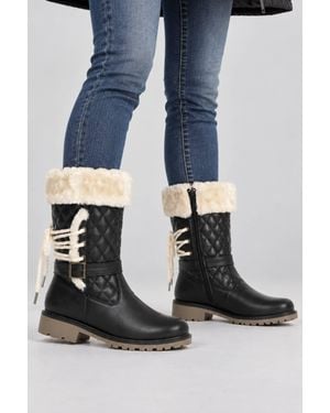 AJVANI Quilted Faux Fur Lined Grip Sole Calf Boots - Blue