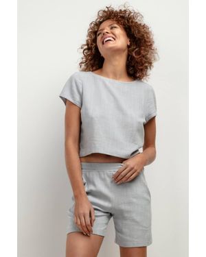 Love Lace Linen Blend Short Sleeve Blouse - Grey