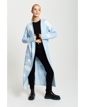 Liquorish Cloud Pattern Longline Cardigan - Blue