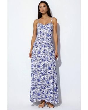Hiccup Floral Viscose Maxi Dress With Heart Neckline - Blue