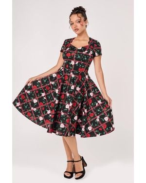 Hell Bunny Entwined Base Check Floral Print Cotton Circle Dress - Black