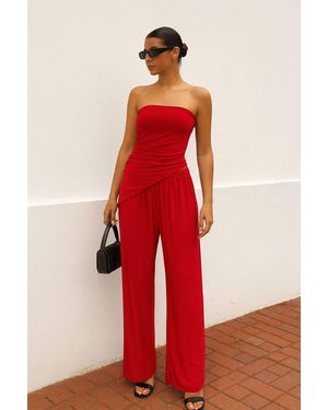 Stylewise Ruched Bandeau Crop Top & Wide Leg Trouser - Red