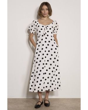 Apricot Polka Dot Bow Detail Midi Dress - White