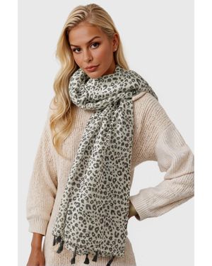 FS Collection Leopard Print Tassel Scarf - White