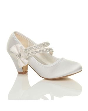 AJVANI Mid Block Heel Bow Satin Mary Janes - White
