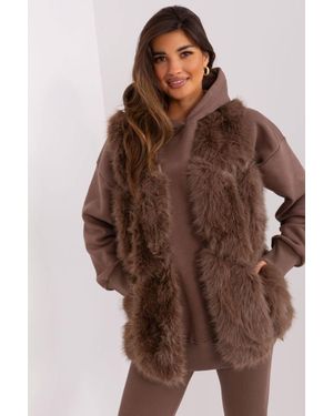 Love Lace Lined Polyester Faux Fur Vest With Pockets - Brown