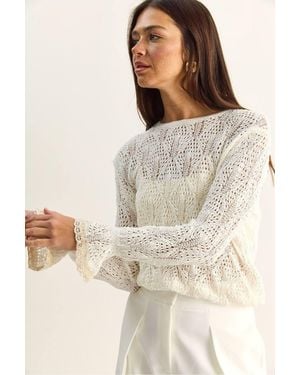 Bianco Lucci Textured Crew Neck Frilly Knit Jumper - Natural
