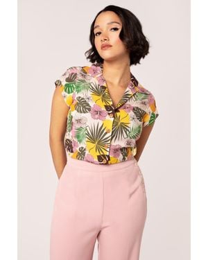 Hell Bunny Benita 50's Style V Neck Floral Blouse - Pink
