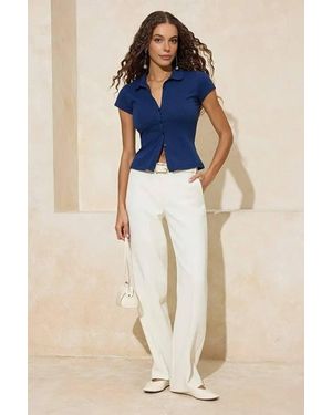 WOVCOR Button Front Fitted Stretch Knit Polo Top - Blue