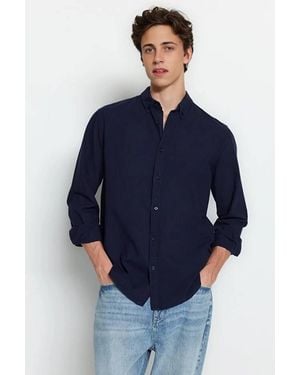 WOVCOR Cotton Linen-Look Long Sleeve Button-Up Shirt - Blue