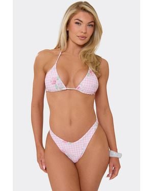 EGO Triangle Tie Frill Trim Floral Bikini Set - Pink