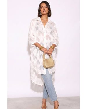 CY Feather Look & Star Pattern Shirt Dress - White