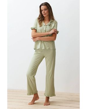 WOVCOR Ruffle Detail Short Sleeve Pyjama Set - Natural
