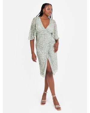 Maya Deluxe Fully Embellished Faux Wrap Midi Dress - White