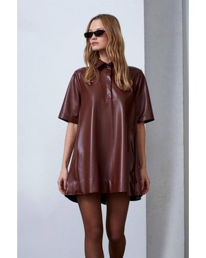 Dilvin Loose Fit Faux Leather Mini Shirt Dress - Brown