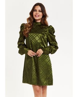 Liquorish Khaki Check Jacquard Mini Dress - Green