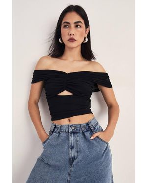 Nasty Gal Ruched Bardot Cut Out Top - Black