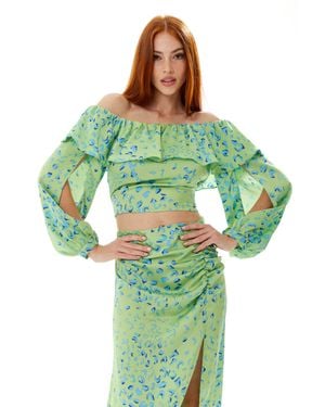 Liquorish Ruffle Long Sleeve Off-The Shoulder Top With Sleeve Slits - Green
