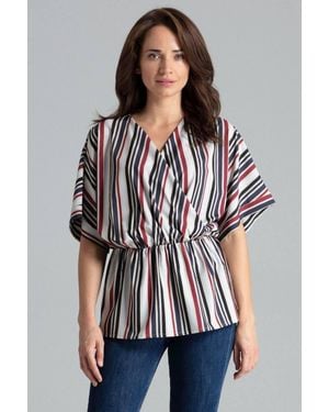 Love Lace Striped Loose Blouse With Kimono Cuff - White