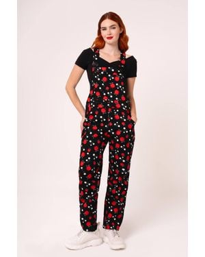 Hell Bunny Apple & Daisy Print Cotton Twill Straight Leg Dungarees - Black
