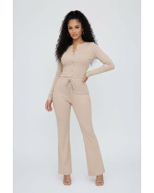 Stylewise Long Sleeve Button Top & Wide Leg Trouser Co-Ord Set - Natural