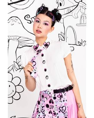 Hell Bunny Robbie Heart Embroidered Puff Sleeve Blouse With Tartan Tie Collar - White