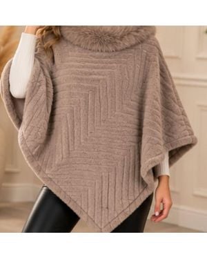 Love EMVY Soft Faux Fur Collar Poncho Chevron Cape - Brown