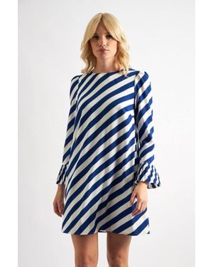 Louche Megann Diagonal Lines Print Pleated Cuff Mini Dress - Blue