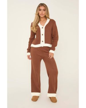 Rebellious Fashion Button Up Front Cardigan & Straight Leg Trousers Co-Ord - Brown