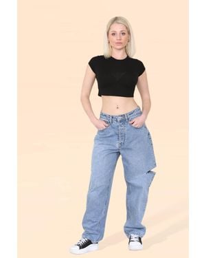 ELAINA FASHION High Waist Loose Boyfriend Flared Jeans With Side Slim Cut Knees - Blue