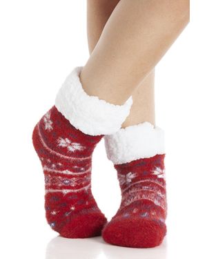 CAMILLE Soft & Fuzzy Fairisle Print Bed Socks - Red