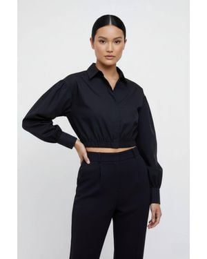 Stylewise Balloon Sleeve Button-Up Cropped Mini Shirt - Blue