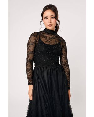 Hell Bunny Duffy Crystal Embellished Stretch Lace High Neck Top - Black