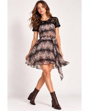 Cutie London Floral Chiffon Lace Yoke Tie-Waist Mini Dress - Multicolour