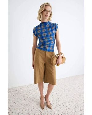 WOVCOR High Neck Sleeveless Fitted Mesh Blouse - Blue