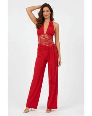 Stylewise Lace-Panel Wide-Leg Jumpsuit With Drape Detail - Red