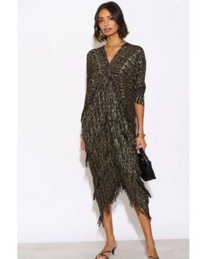 CY Pleated Midi Dress With Layered Tassels & Fringe Detail - Black