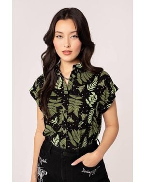 Hell Bunny Gaia Shirt With Celestial & Foliage Print & Chest Pockets - Black