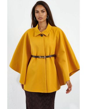 Bigdart Belted Tweed Cape Coat - Yellow