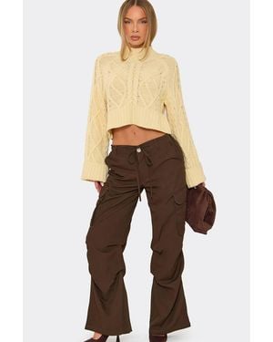 EGO Wide Leg Ruched Low Rise Trousers - Natural