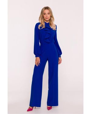 Love Lace Viscose Long Sleeve Straight Leg Jumpsuit With Ruffles - Blue