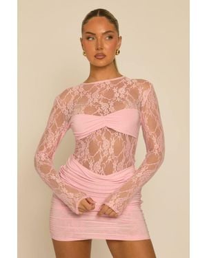 Rebellious Fashion Lace Gathered Bust Mini Dress - Pink