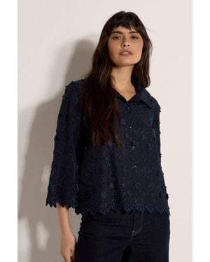 Apricot Applique Flowers Cropped Shirt - Black