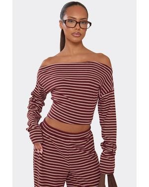 EGO Long Sleeve Off-The Shoulder Striped Top - Red